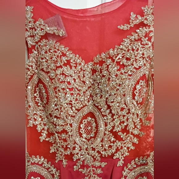 Gorgeous RED Gown with gold brocade overlaid lace  Size 10 - Picture 2 of 6